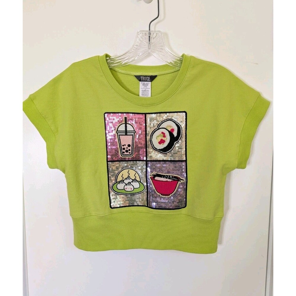 Truce Sequin Sushi Boxy Top Girl Medium 10-12 Neon Green Short Sleeve Sweatshirt